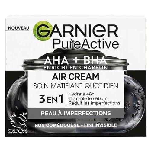 Garnier Pure Active Air Cream – codzienna pielęgnacja – wzbogacony o AHA + BHA i węgiel – nawilża przez 48 godzin i matuje przez 12 godzin * – skóra mieszana aż do tłustej z trądzikiem – 50 ml