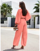 Komplety damskie - Elegancki komplet z wiązaną bluzką SHARPAY - brzoskwiniowy - miniaturka - grafika 1