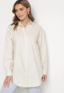Koszule damskie - Beżowa Koszula o Długim Kroju z Bawełny z Regulowanymi Rękawami Dolynna - miniaturka - grafika 1