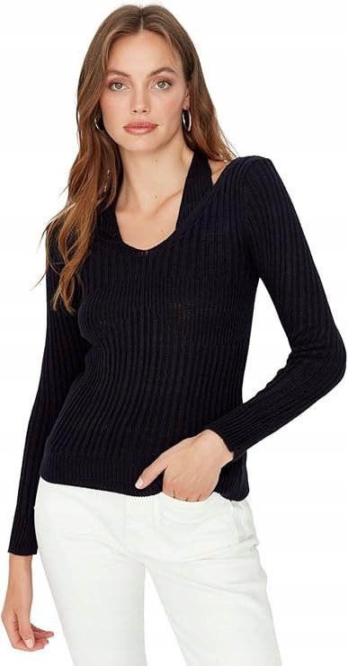 TRENDYOL GRANATOWY SWETER DAMSKI Z PÓŁGOLFEM I PRĄŻKOWANIEM 38 6BA