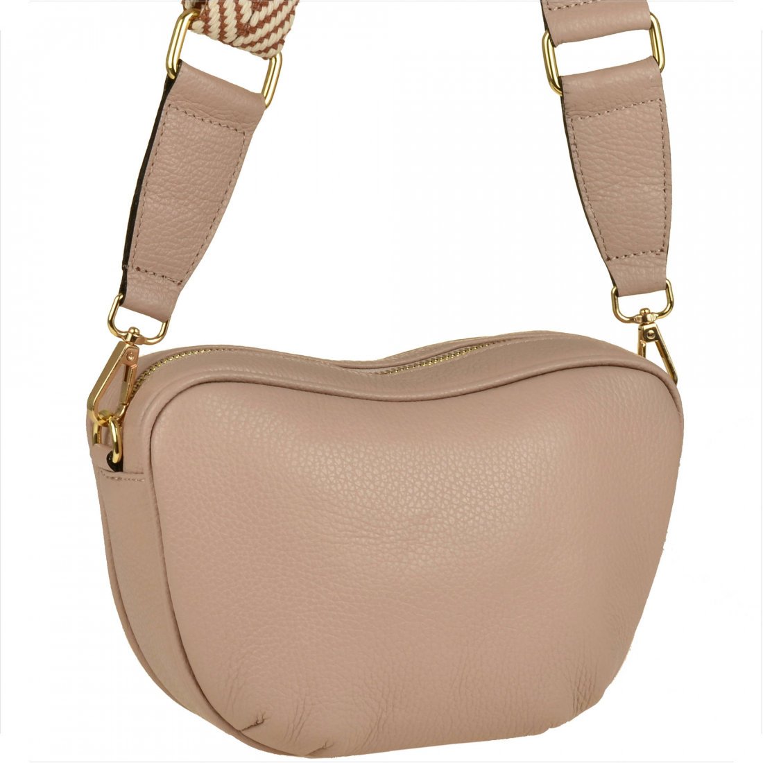 VERA PELLE Skórzana listonoszka róż pudrowy włoska z szerokim paskiem ze wzorem