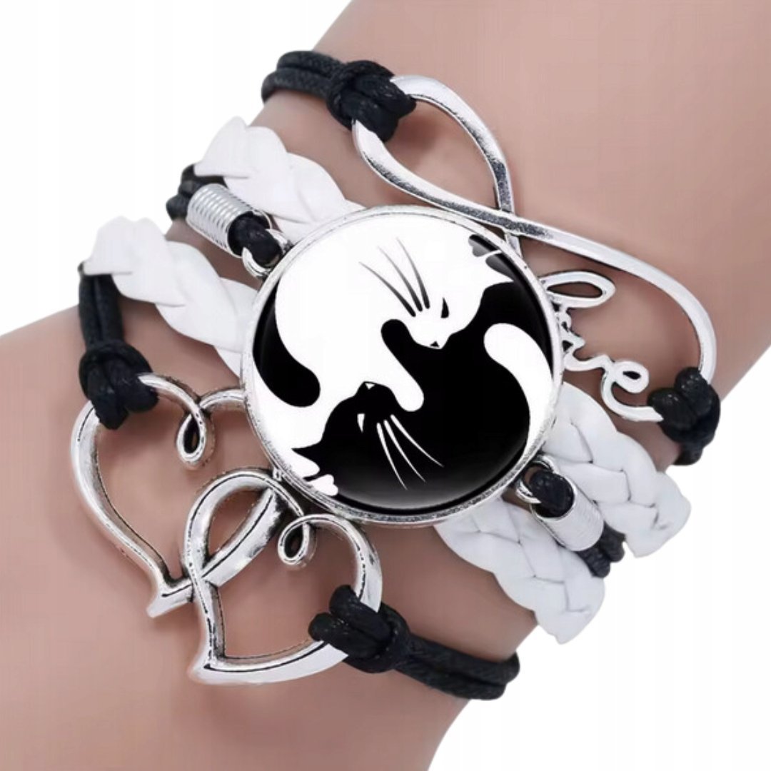 Bransoletka Yin Yang Koty Love serca infinity czarno biała regulowana