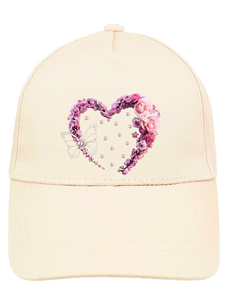 Dziewczęca czapka z daszkiem kwiatowe serce ecru Ambra r.50/52