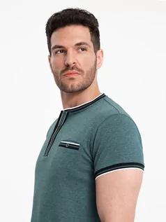 Koszulki męskie - Męski t-shirt henley z ozdobnymi ściągaczami - ciemnozielony V2 OM-TSCT-0175 - grafika 1