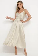 Sukienki - Beżowa Koktajlowa Sukienka na Regulowanych Ramiączkach z Gumką w Pasie i Rozcięciem Quelsea - miniaturka - grafika 1