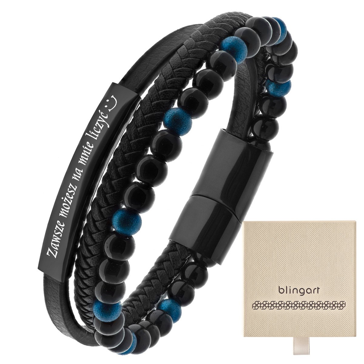 Bransoletka z GRAWEREM skórzana KORALIKI stal