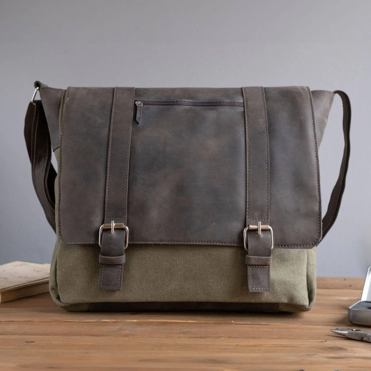 Brązowo Zielona Duża Torba Studencka Vintage Skórzano Płócienna Belveder BC61BRZ