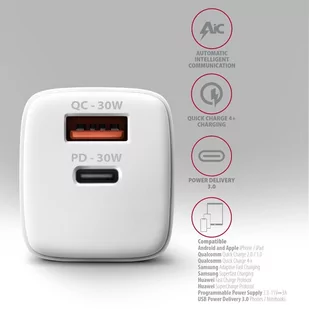ACU-PQ30W Ładowarka sieciowa PD & QC 30W, QC3.0,4.0/AFC/FCP/PPS/Apple Biała - Ładowarki do telefonów - miniaturka - grafika 4