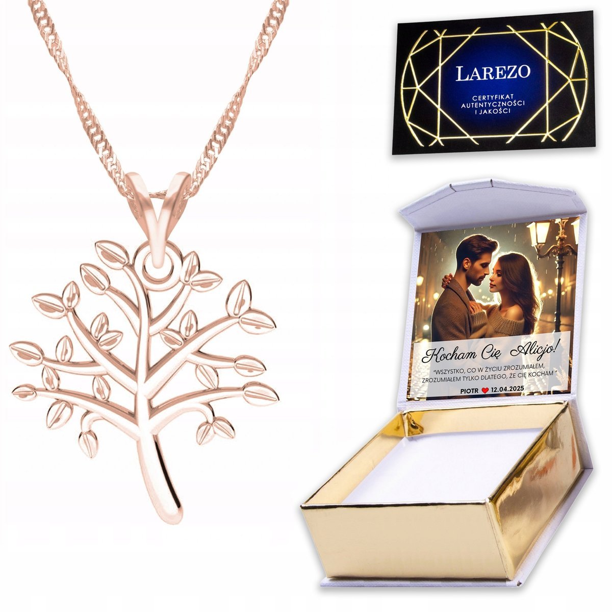 Naszyjnik Pozłacany 925 z Drzewem Życia Tree Życie Drzewo Drzewko + NADRUK