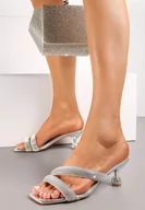 Klapki i japonki damskie - Srebrne Klapki Ozdobione Cyrkoniami na Dwóch Paskach i Niskiej Szpilce Ranime - miniaturka - grafika 1