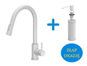 Baterie kuchenne - Quadron POP Bateria zlewozmywakowa stalowa JULIA SNOW WHITE z wyciąganą wylewką kolor biały mat plus dozownik okrągły do płynu KEIRA kolor snow white - miniaturka - grafika 1