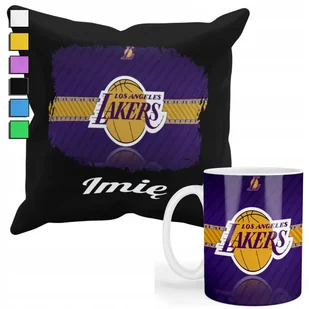 ZESTAW KUBEK + PODUSZKA Z POSZEWKĄ- PREZENT DLA FANA NBA LA LAKERS + IMIĘ - Gadżety dla niej i dla niego - miniaturka - grafika 1