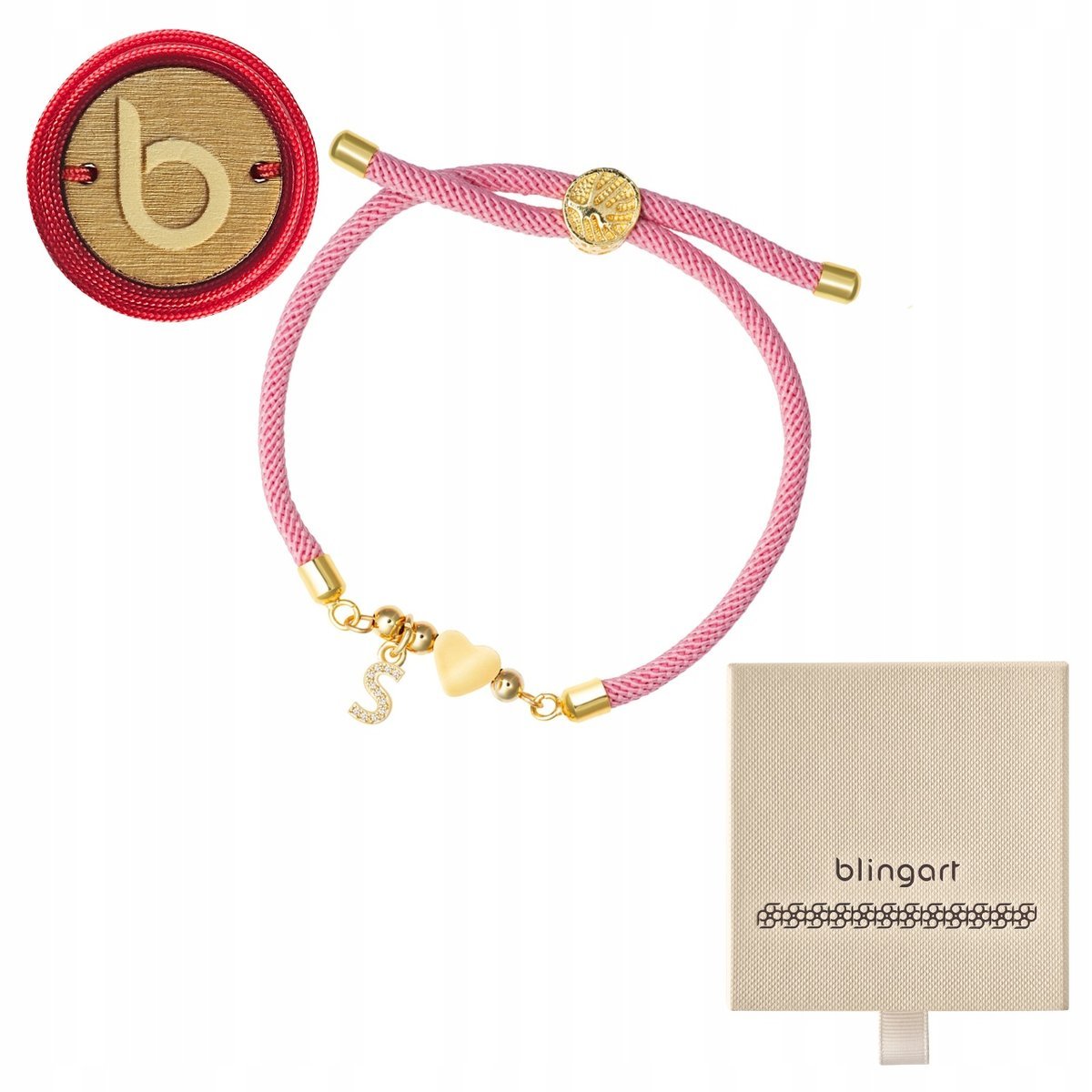 Bransoletka sznurkowa LITERKI serduszko RÓŻOWA regulowana LITERA BLINGART