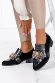 Mokasyny damskie - Czarne półbuty skórzane damskie lordsy z kryształkami krokodyli wzór PRODUKT POLSKI Casu 1902-O-36 - miniaturka - grafika 1
