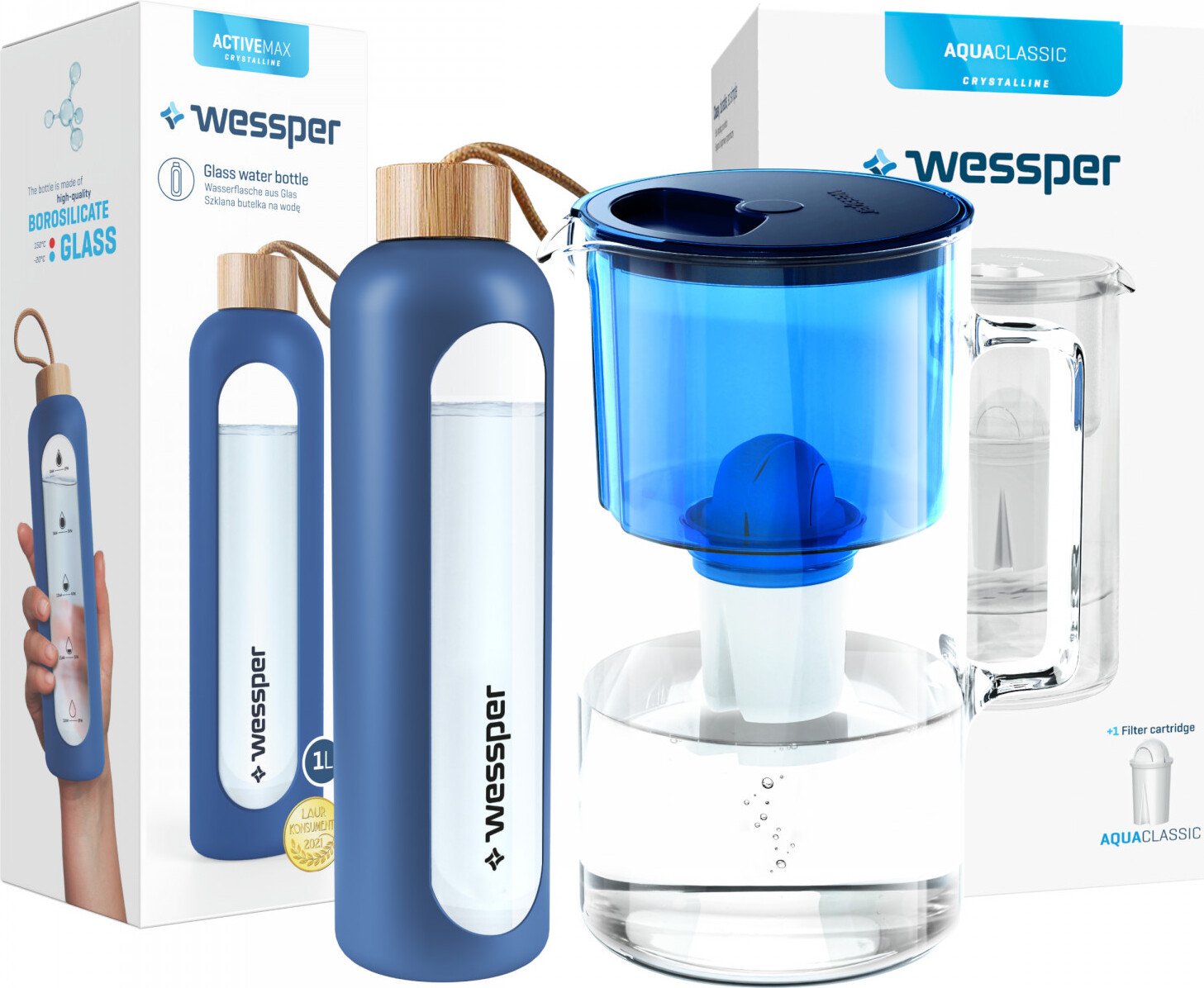 Wessper AquaClassic Crystalline szklany dzbanek z filtrem 3L + ActiveMax Crystalline szklana butelka z silikonowym rękawem 1L w kolorze niebieskim