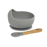Miseczki i talerzyki dla dzieci - Miska z przyssawką + łyżka antyalergiczna szara do nauki jedzenia - miniaturka - grafika 1