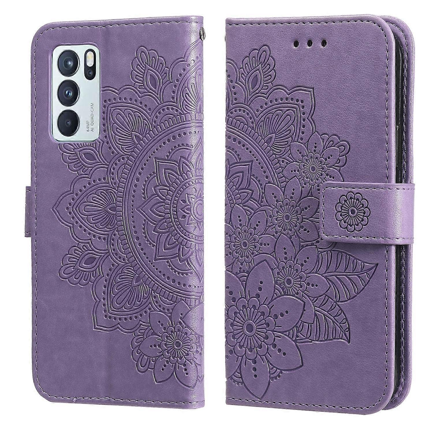 Dla OPPO Reno 6 Pro 5G 7-płatkowe kwiaty Wytłaczanie Wzór Poziome etui ze skóry PU z uchwytem i miejscami na karty oraz portfelem i ramką na zdjęcia