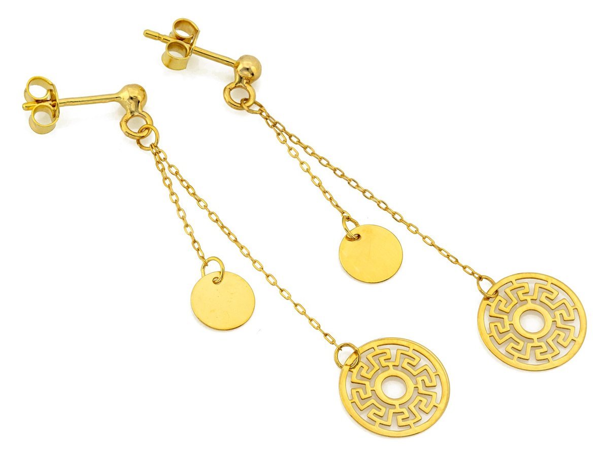 Złote Kolczyki 585 Długie Wiszące Z Ażurowym Kółkiem Wzór Grecki