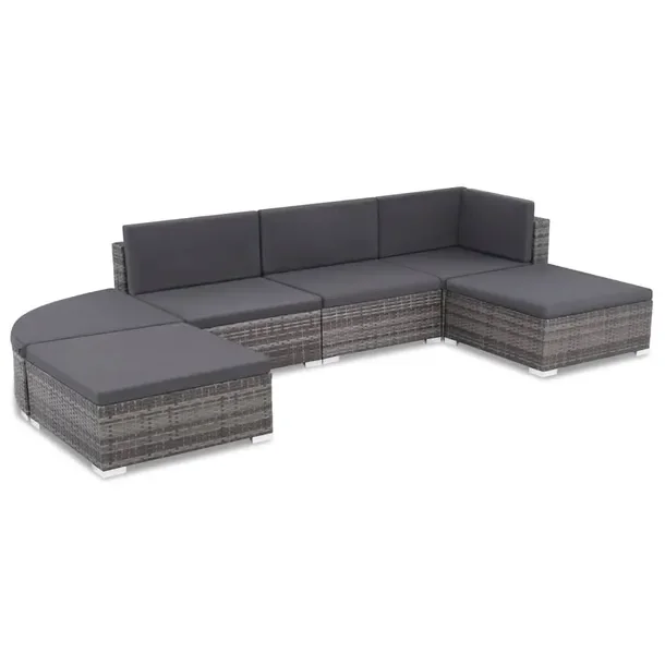 Polirattanowy zestaw wypoczynkowy szary, sofa, stołki, 10 poduszek