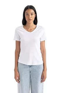 Koszulki i topy damskie - DeFacto Damska koszulka z dekoltem w serek – klasyczna koszulka basic dla kobiet – wygodna koszulka dla kobiet, biały, M - grafika 1