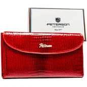 Portfele - Portfel damski lakierowany PETERSON duży na zatrzask i suwak rozbudowany na karty elegancki na prezent czerwony - miniaturka - grafika 1