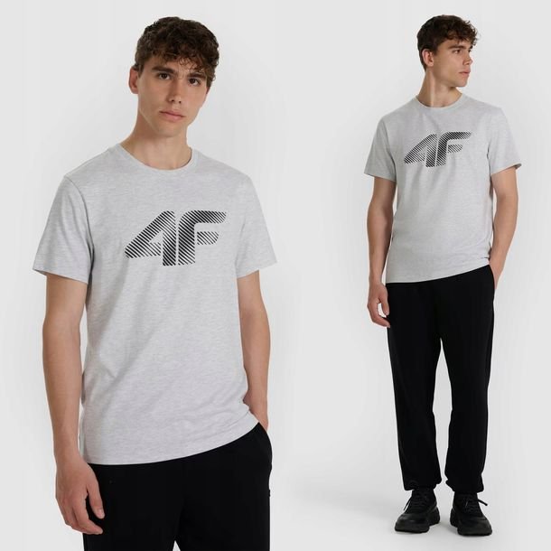 Koszulka Męska 4F T-shirt Z Nadrukiem Regular Bawełna Logo Casual Szary XXL