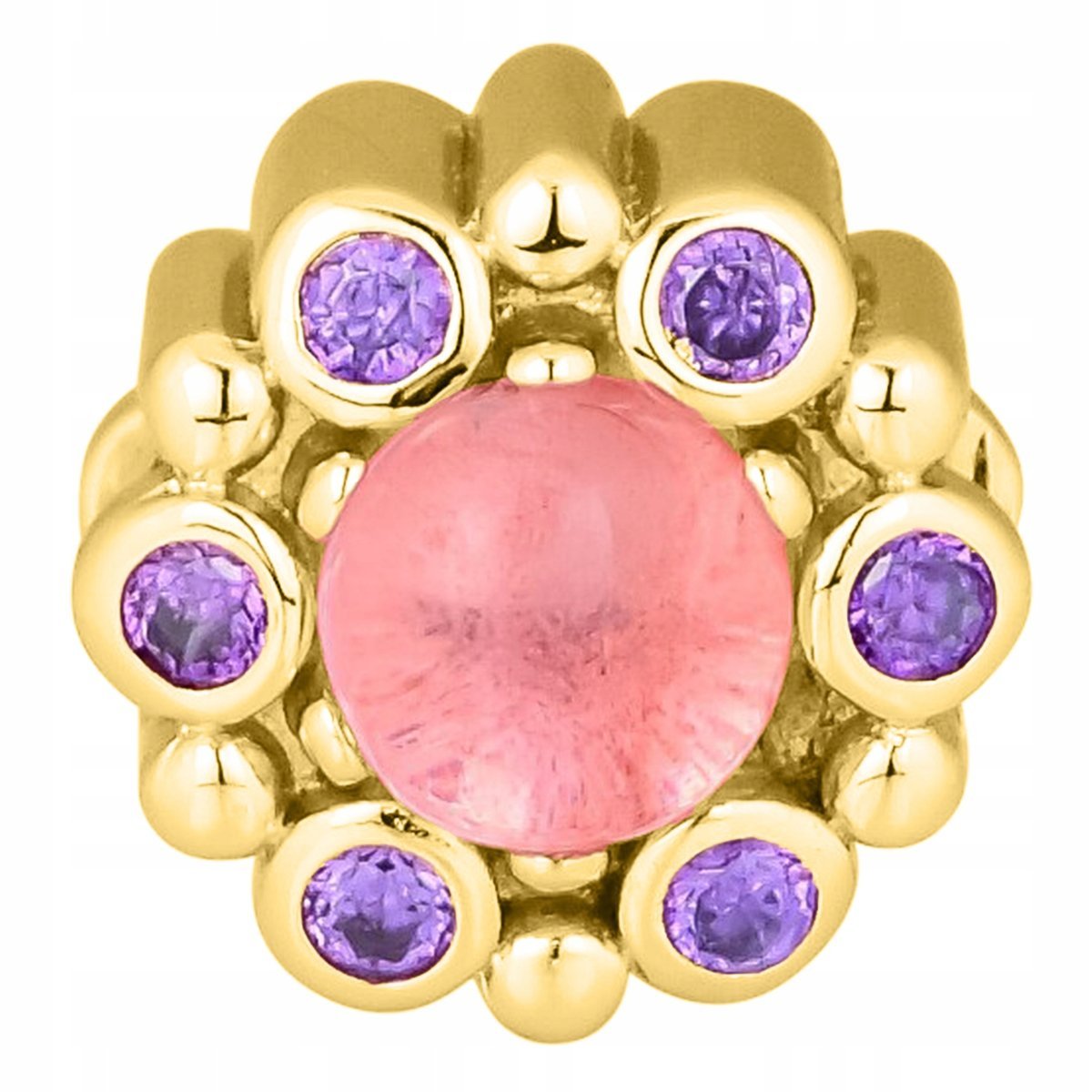 Złoty Charms Różowe Cyrkonie Kwiat z Fioletowymi Cyrkoniami SREBRO 925