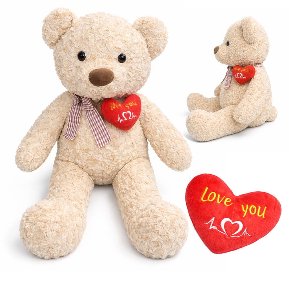 MASKOTKA PLUSZAK MIŚ Z KOKARDĄ SERCE LOVE WALENTYNKI BEŻOWY 65 CM