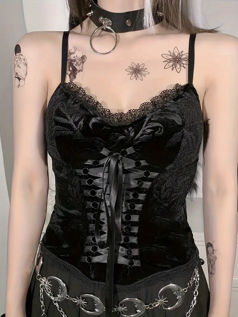 Top gorsetowy welurowy gotycki lolita harajuku koronka sznurowany 42 XL