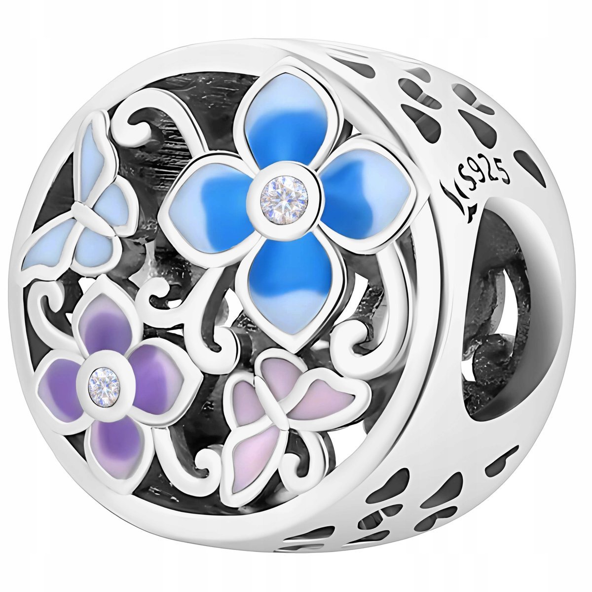 Charms Srebrny Łąka Motyle Kwiatki Kolorowe Kwiaty Motylki SREBRO 925