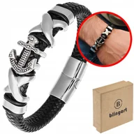 Bransolety męskie - Bransoletka męska SKÓRZANA KOTWICA ZDOBIONA srebrne wstawki stal - miniaturka - grafika 1