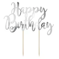 Urodziny dla dorosłych - PartyDeco Dekoracja na tort "Happy Birthday", srebrna, 22,5 cm KPT11-018M - miniaturka - grafika 1