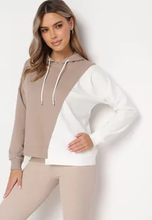 Beżowa Bluza z Bawełny z Asymetrycznym Wzorem i Kapturem Revea - Bluzy damskie - miniaturka - grafika 1