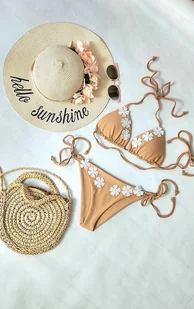 Bikini beżowe strój kąpielowy białe kwiaty koronkowe - Stroje kąpielowe - miniaturka - grafika 1