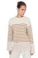 Bluzy damskie - Trendyol Damska bluza oversize z okrągłym dekoltem w paski, BEŻOWY, M - miniaturka - grafika 1
