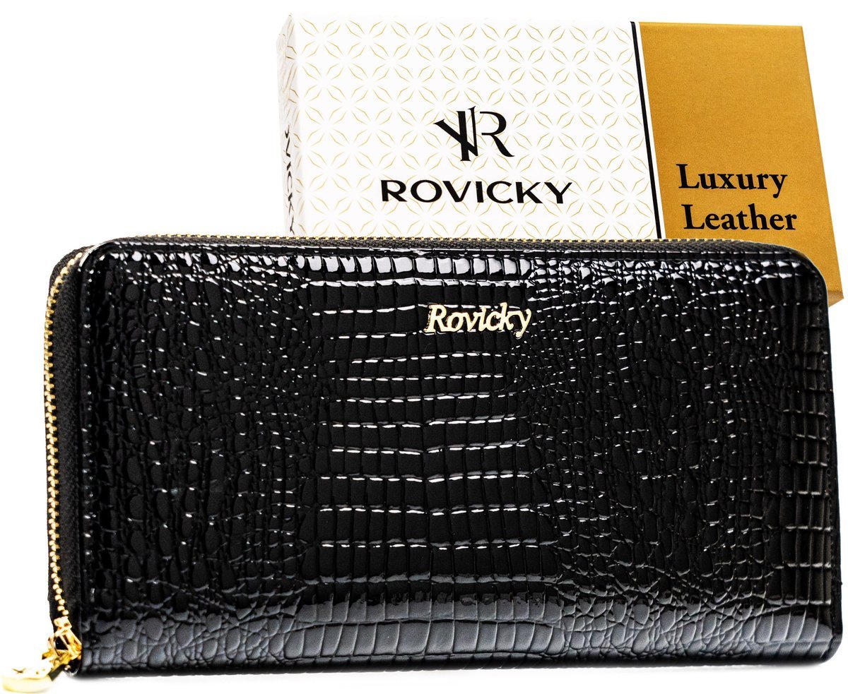 Portfel damski slim ROVICKY elegancki duży skórzany lakierowany na zamek ochrona RFID STOP czarny