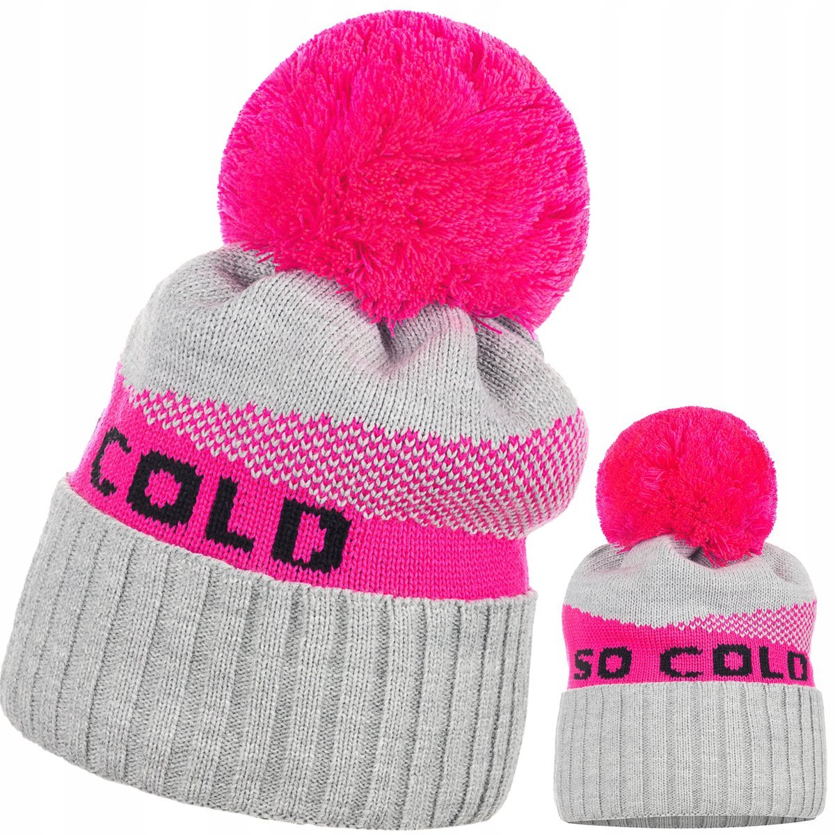 Czapka Damska Kobieca So Cold We Wzór Z Pomponem Szary Różowy