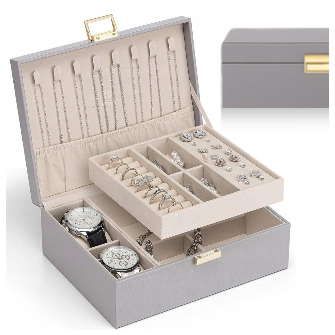 NOWOCZESNA AKSAMITNA SZKATUŁKA NA BIŻUTERIĘ 2 POZIOMY ORGANIZERY PREZENT