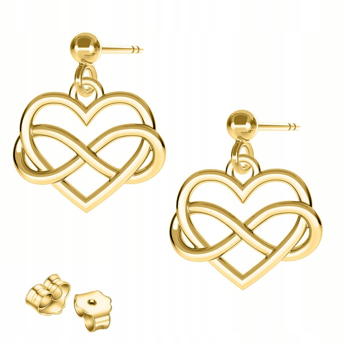 Złote Kolczyki Serca Serduszka Nieskończoność z Sercem SREBRO 925