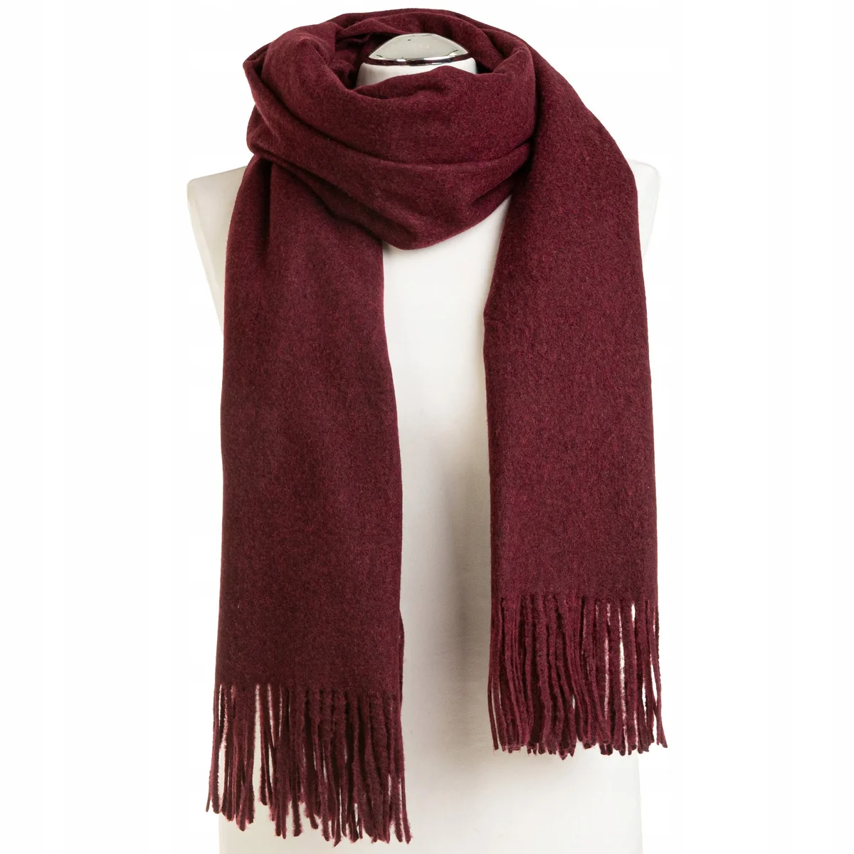 SZALIK DAMSKI Z WEŁNĄ CIEPŁY ZIMOWY ELEGANCKI GŁADKI MIĘKKI FRĘDZLE MORAJ WINE RED