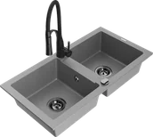 Zlewozmywaki z baterią - Mexen Mario zlewozmywak granitowy 2-komorowy z baterią kuchenną Aster, szary - 6504-71-73450-70-B - miniaturka - grafika 1