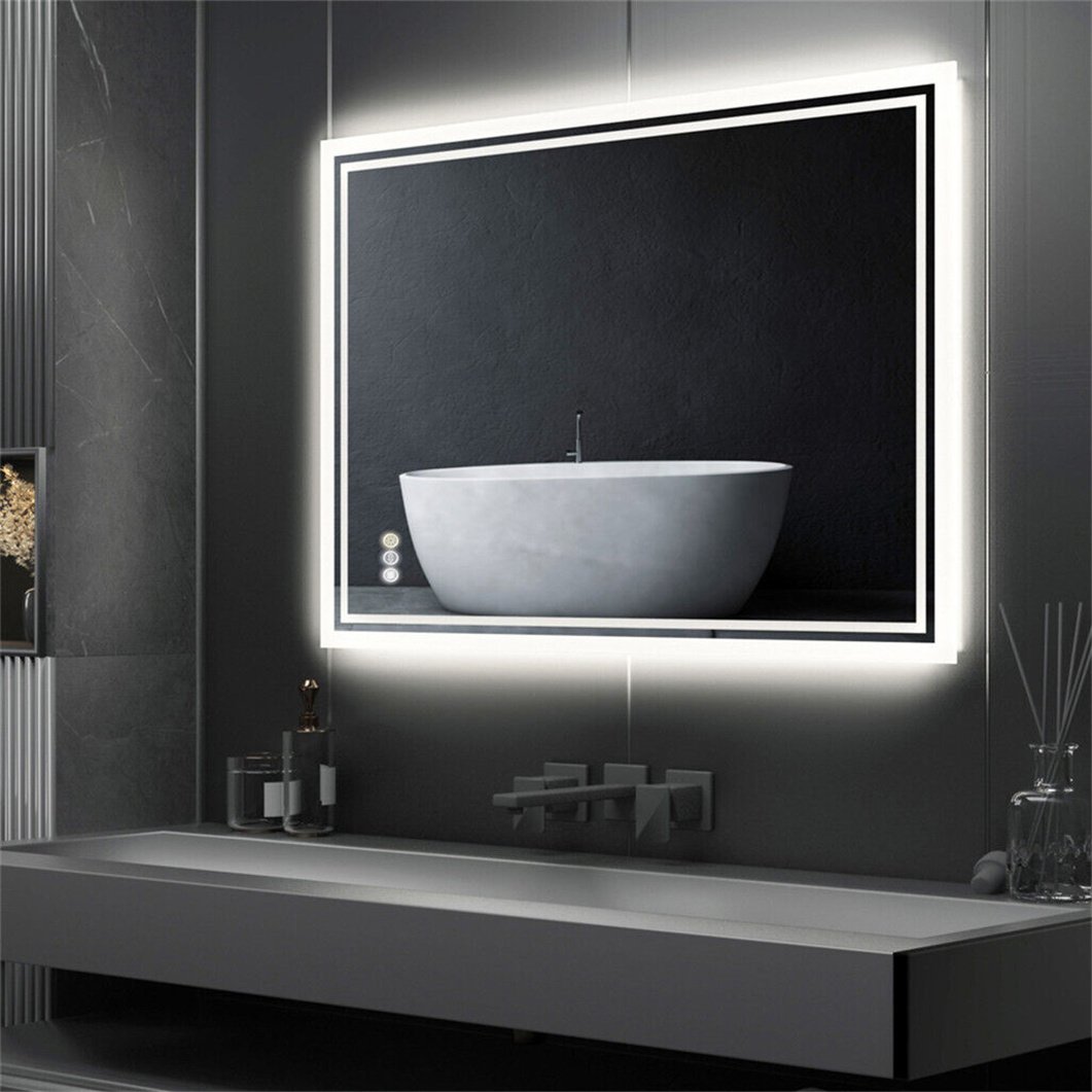 WISFOR Lustro łazienkowe LED 80×60 cm Lustro łazienkowe z oświetleniem Lustro łazienkowe ścienne z przełącznikiem dotykowym Bezmgielne Ściemnialne