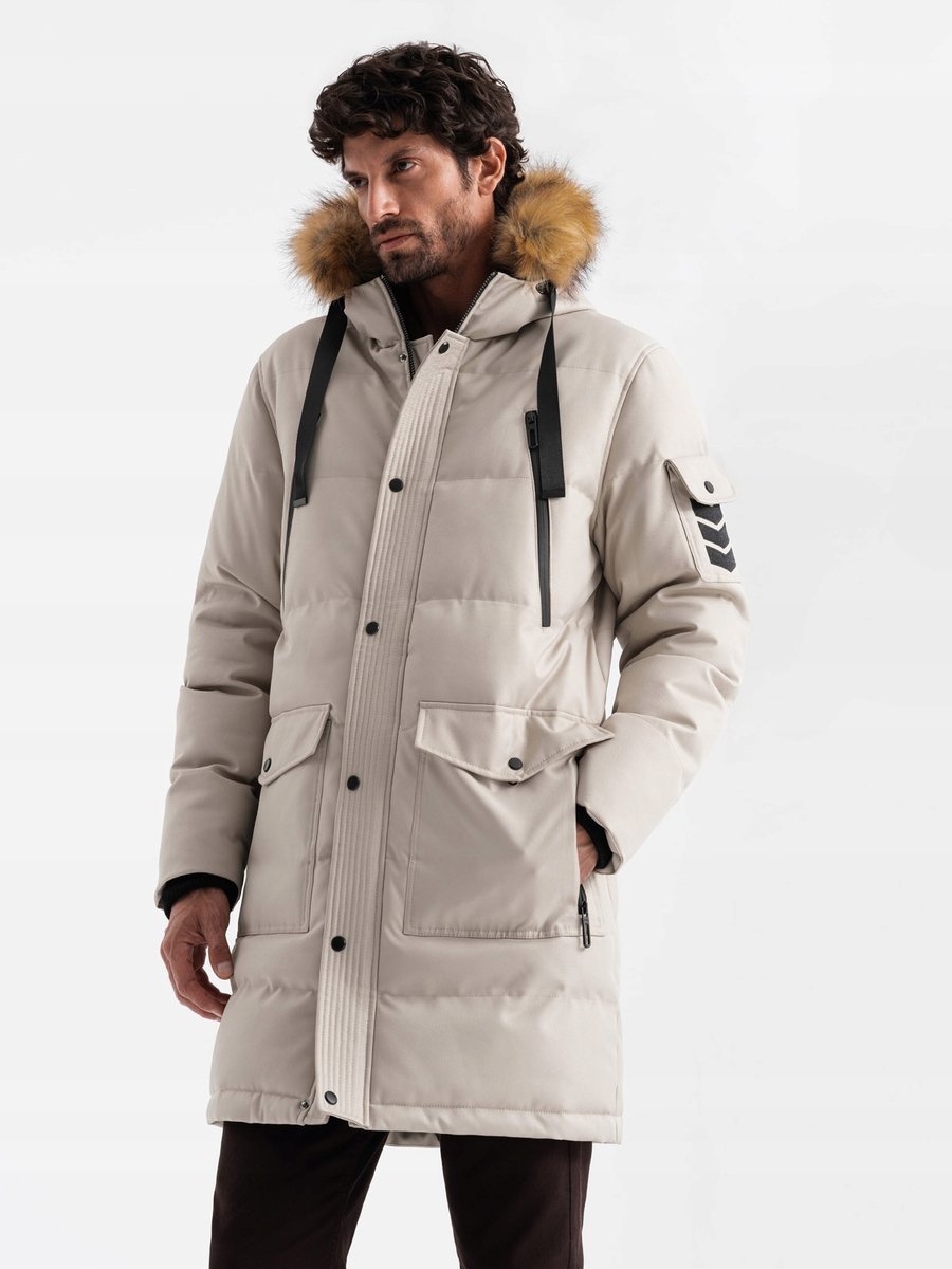Długa ciepła męska kurtka typu parka z kapturem beżowa V5 OM-JALJ-0182 XL
