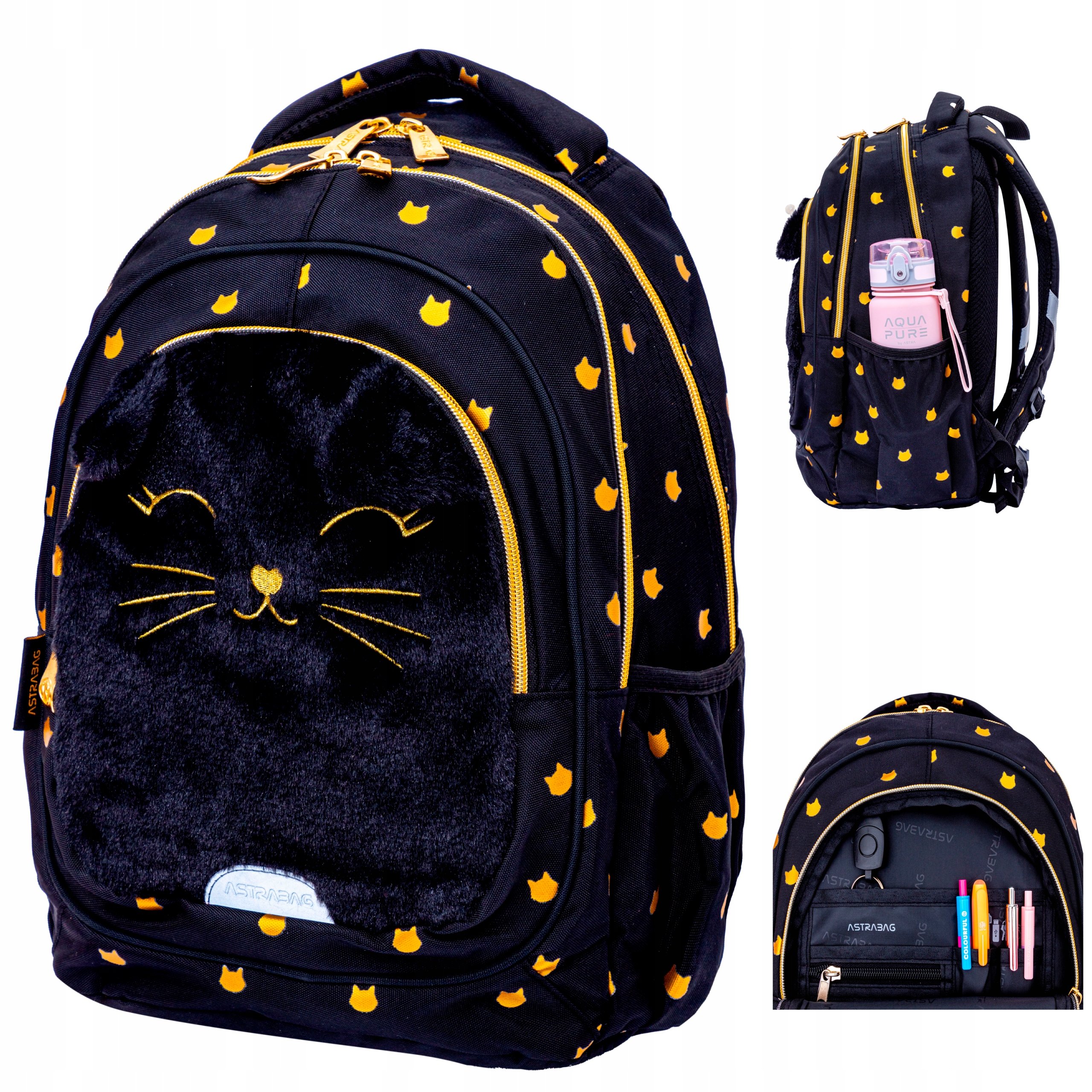 Plecak Trzykomorowy Fluffy Kitty Black Kotek Czarny 20l Astrabag