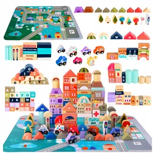 Klocki Drewniane Miasto Zestaw + Puzzle Mata 115 Elementów Kreatywna Zabawa - Klocki Klocki Drewniane Miasto Zestaw + Puzzle Mata 115 Elementów Kreatywna Zabawa - Klocki - miniaturka - grafika 1