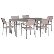 Meble ogrodowe - Beliani Zestaw ogrodowy stół granitowy szary i 6 krzeseł beżowych GROSSETO 35877 - miniaturka - grafika 1