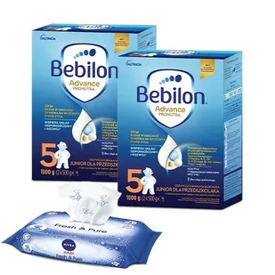 Zestaw 2x Bebilon 5 Pronutra Advance Junior Formuła na bazie mleka dla przedszkolaka, 1000g + Nivea Baby Fresh&Pure Chusteczki nawilżane, 63szt. - Chusteczki nawilżane - miniaturka - grafika 1