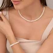 Zestawy biżuterii dla kobiet - Komplet biżuterii "White Lady" z naturalnych pereł słodkowodnych- srebro 925 pozłacane (naszyjnik + bransoletka) - miniaturka - grafika 1