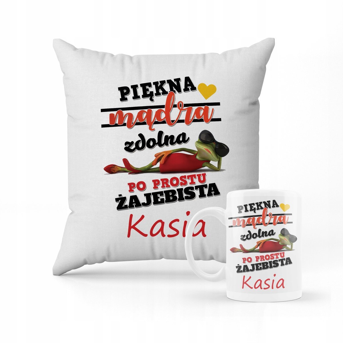 ZESTAW PODUSZKA + KUBEK Dla Kobiety Żabka Piękna Na 40-tke PREZENT + IMIĘ