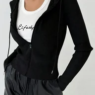 Kurtki damskie - TEMU Damska elegancka, jednokolorowa, długa kurtka z kapturem, 95% poliestru 5% spandyksu, dzianinowa, z detalami na suwak, odzież zewnętrzna na - miniaturka - grafika 1